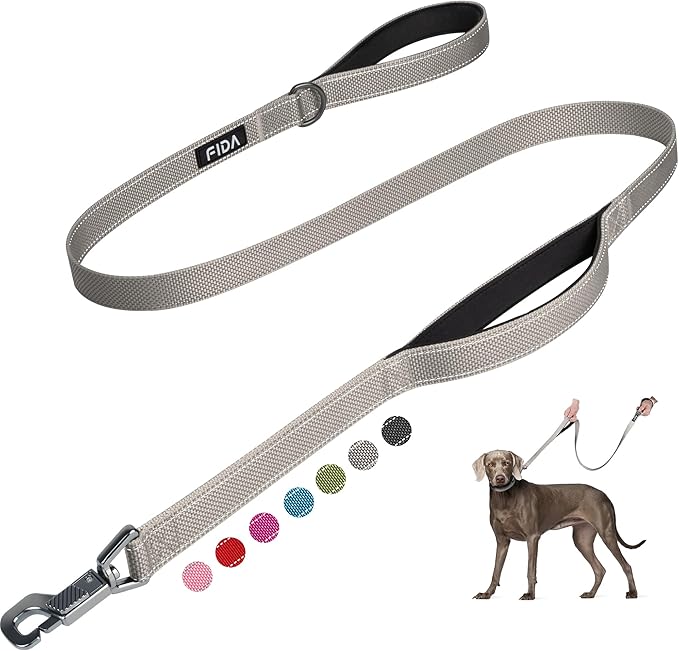 Fida 5 FT Heavy Duty Dog Leash with 2 Comfortable Padded Handles, Traffic Handle & Advanced Easy Snap Hook, Reflective Walking Lead for Large, Medium & Small Breed Dogs, Grey