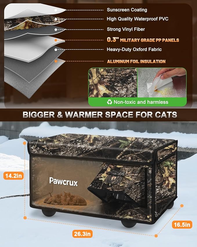 Heated Cat House for Outside with Dual Doors, Insulated Cat House Outdoor with Heating Pad, Weatherproof Heated Outdoor Cats Houses Weatherproof for Feral Cats (Leaf, 25.5" L x 16" W x 14" H)
