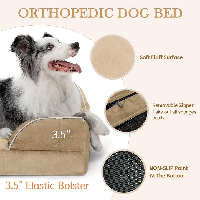 Comfort Expression Orthopedic Dog Bed for Small Dogs 24x16 Inch, Waterproof Supportive Egg Crate Foam Small Pet Bed with Removable Bolster, Dog Couch with Washable Cover & Non-Slip Bottom, Light Brown