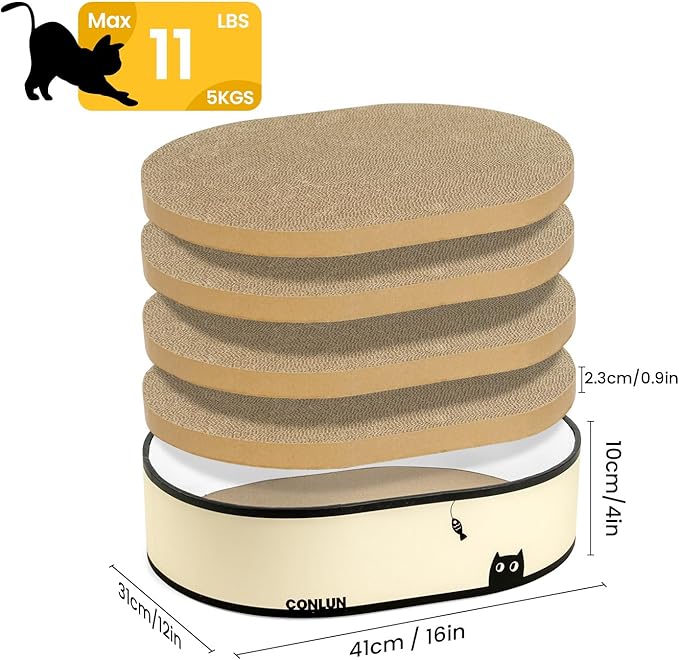 Conlun Cat Scratcher Box with 4 Cat Scratching Board Reversible Cat Scratch Pad, Heavy Duty Corrugated Cardboard Cat Bed Lounger Cat Scratchers for Indoor Cats, Protects Furniture,Kittens Gifts-Large