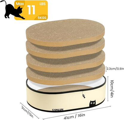 Conlun Cat Scratcher Box with 4 Cat Scratching Board Reversible Cat Scratch Pad, Heavy Duty Corrugated Cardboard Cat Bed Lounger Cat Scratchers for Indoor Cats, Protects Furniture,Kittens Gifts-Large