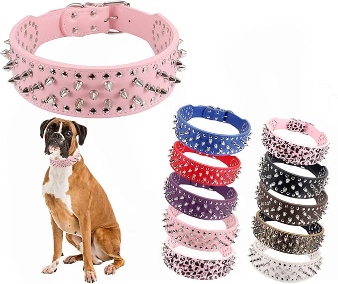 Hoot PU Leather Adjustable Spiked Studded Dog Collar 2" Wide 37 Spikes (M(Neck 19"-22"), Pink)