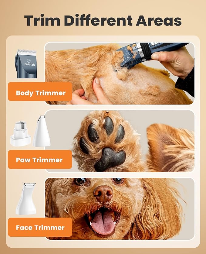 oneisall 4 in 1 Dog Clippers and Paw Trimmer Grooming Kit, Low Noise Cordless Dog Clippers for Grooming Pet Hair Trimmers for Small and Large Dogs Cats Animals