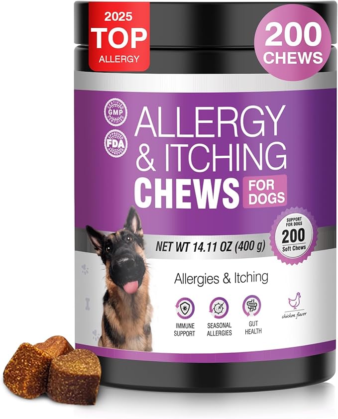 Dog Allergy Chews 200ct - Dog Allergy and Itching Skin Relief Anti Itch Aller Immune Bites for Dogs licking Paws Treatment Relief Itchy Chew Probiotics Vitamins for Skin and Coat Allergies - Chicken