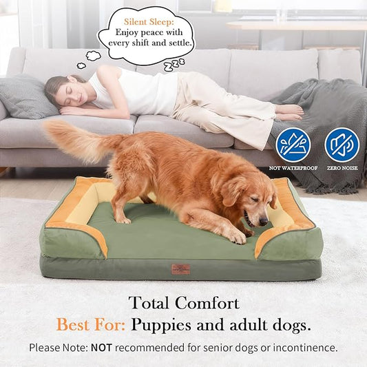 Comfort Expression Orthopedic Dog Bed for Extra Large Dogs 42x30 Inch, Waterproof Egg Crate Foam XL Pet Bed with Removable Bolsters, Dog Couch with Washable Cover & Non-Slip Bottom, Avocado