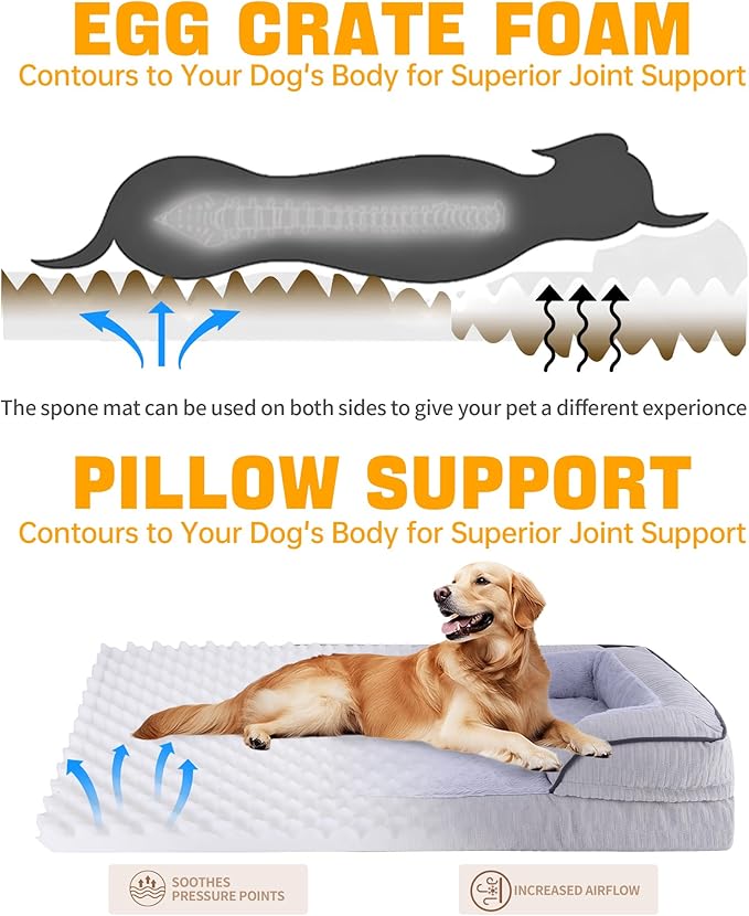 Orthopedic Dog Bed for Extra Large Dogs, 42x30 Inch Waterproof Egg Crate Memory Foam Dogs Bed with Zipper Top and Washable Cover, Nonslip Bottom for Living Room, Dark Grey