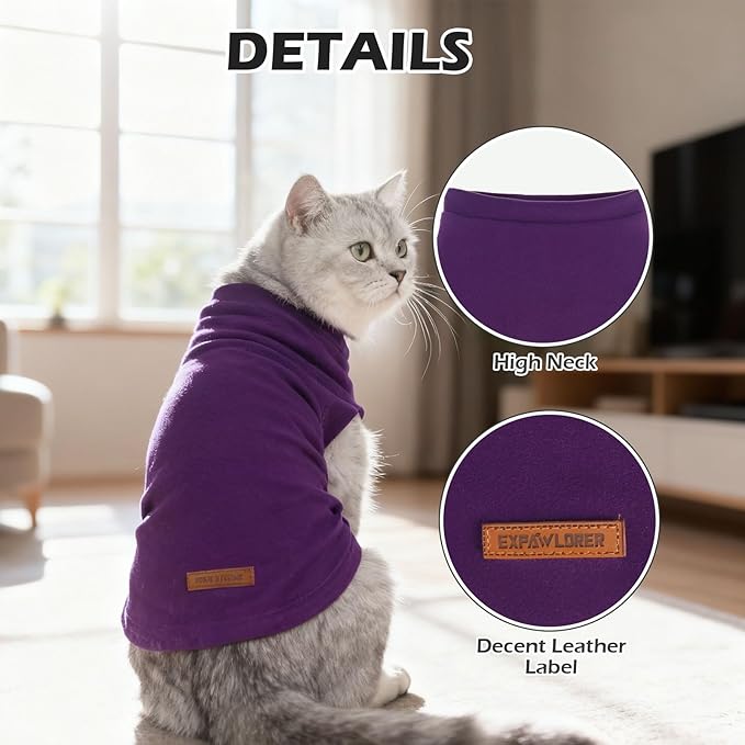 EXPAWLORER Soft Cat Sweater - Sweaters for Cats Only Warm Kitten Clothes, Fall and Winter Pet Coat Pullover Design, Fleece Sweatshirt Clothing Also for Puppy Small Dogs, Purple M