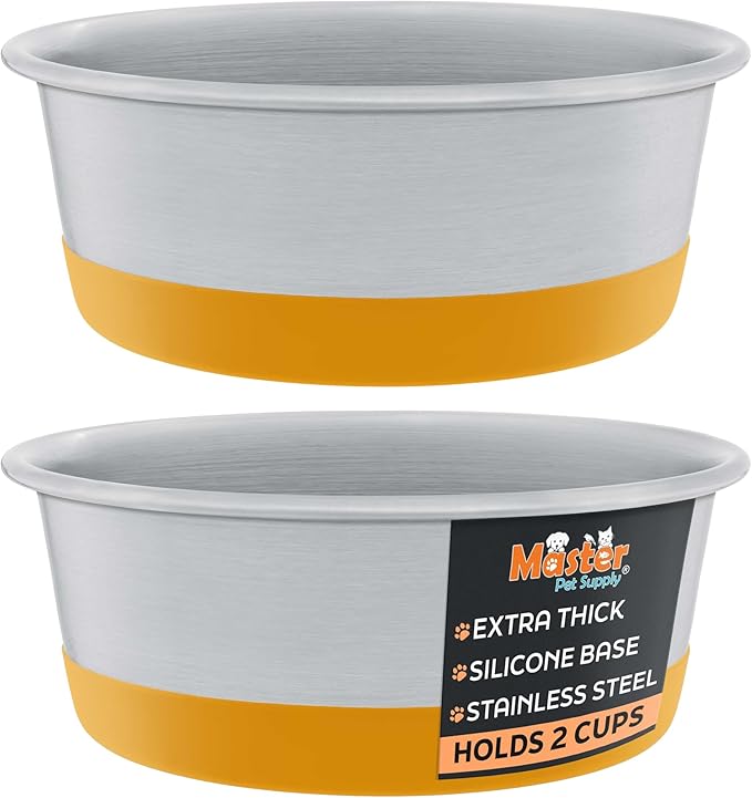 Master Pet Supply Stainless Steel Dog Bowls Set of 2 with Extra Thick Silicone Base - 2 Cup (16 oz) Mango Tango, Non-Slip, Dishwasher Safe Metal Bowls, Pet Dog Food Bowl for Dogs, Cats, Anti Rust