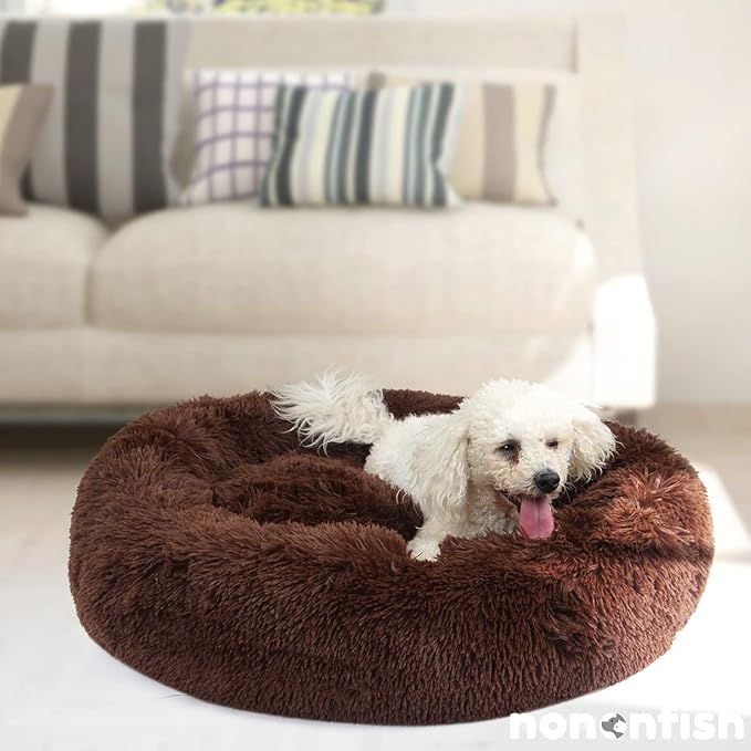 Calming Dog Bed for Medium Dogs Washable Donut 30 inches Anti-Slip Pet Bed,Round Fluffy Plush Faux Fur Cat Bed,Fits up to 45 lbs Pets,Chocolate Brown