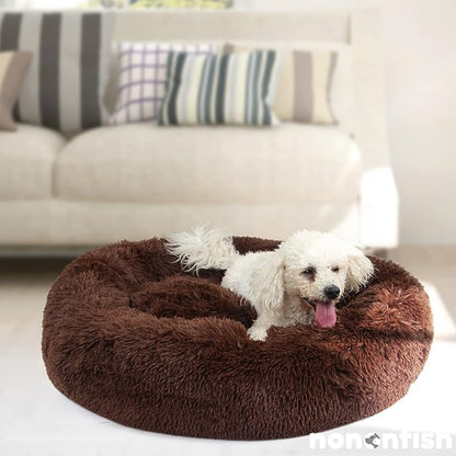 Calming Dog Bed for Medium Dogs Washable Donut 30 inches Anti-Slip Pet Bed,Round Fluffy Plush Faux Fur Cat Bed,Fits up to 45 lbs Pets,Chocolate Brown