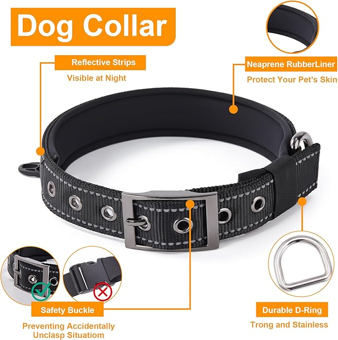 Annchwool Adjustable Dog Collar and 5 FT Leash Set with Heavy Duty Metal Buckle–Comfortable Lining Reflective Collar & Dual-Handles for Small Medium Large Dogs Walking,Running(Black Set,M:16''-21'')
