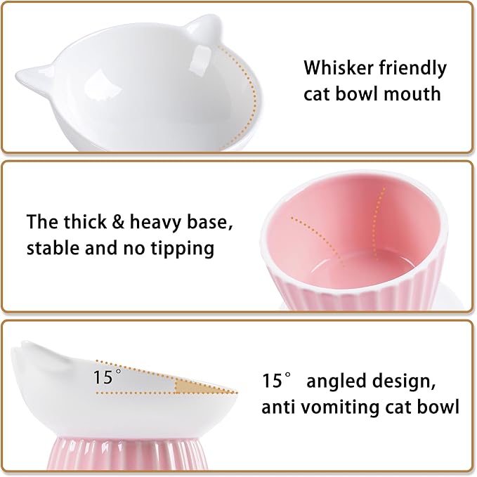 Wellbro Ceramic Raised Cat Bowl，Tilted Raised Bowl Anti Vomit Bowls for Indoor Cats Whisker Friendly Pet Feeder for Cats Puppies, Microwave and Dishwasher Safe