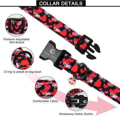 Lionet Paws Valentine's Day Dog Collars - Red Pink Hearts Black Dogs Collar with Plastic Buckle and Heart Pendant,Dog Collar for Medium Dogs