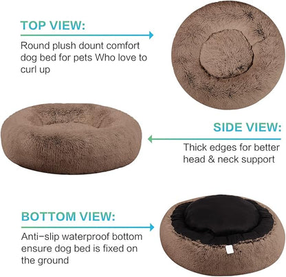 SAVFOX Plush Calming Donut Dog Beds for Small Dogs, Medium, Large & X-Large Breeds, Comfy Cuddler Dog Bed and Cat Bed in Faux Fur, Washable, Multiple Sizes S-XXL