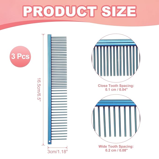 PETAXCELL Dog Cat Comb, Pet Combs Stainless Steel Teeth with Rounded Ends for Knots Mats Loose Hair Removal, 6.5IN (Blue Plated, 3 Pack), Grooming Tool Intended for Long Curly Hair Pet