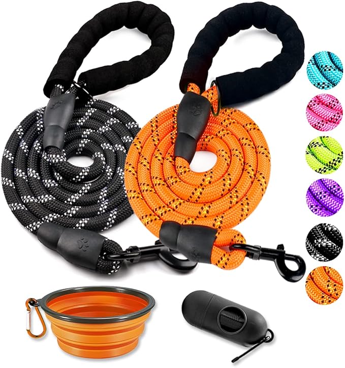COOYOO 2 Pack Dog Leash 5 FT Heavy Duty - Comfortable Padded Handle - Reflective Dog Leash for Medium Large Dogs with Collapsible Pet Bowl