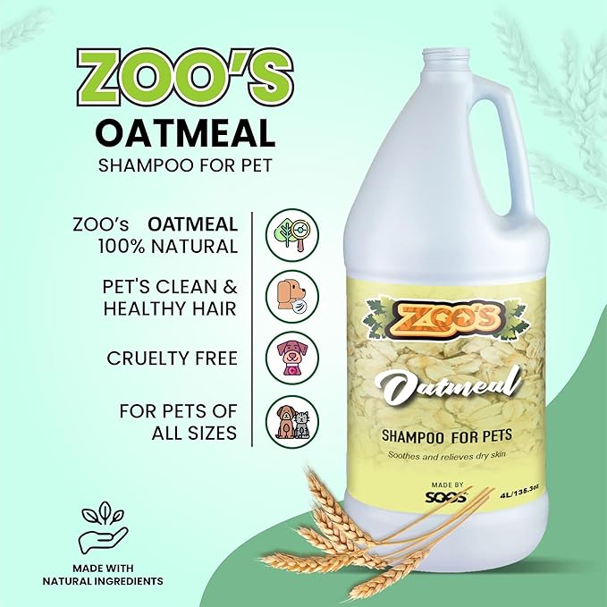 Zoo’s Pet Oatmeal Dog Shampoo for Cats and Pets Fast Absorbing Moisturize Skin Provides Relief to Dry Itchy Skin While Softening Your Pet’s Coat - 1x Dog and Cat Shampoo (4L / 1.32 gal)