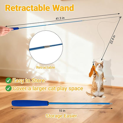 Interactive Cat Wand Toy Set, 11 PCS Retractable Wand Toys for Indoor Cats, Refills Attachment - Feather Toys, Plush Birds，Mice, Insects, and Swallows for Play Chase Exercise