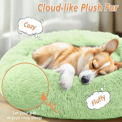 JOLLYVOGUE Calming Dog Bed Medium Size Dog, Anti-Anxiety Donut Medium Pet Bed, 31 inches Fluffy Faux Fur Round Cat Bed, Fits up to 45 lbs Pets (Light Green)