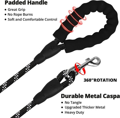 jenico Long Dog Leash 10FT: Heavy Duty Nylon Rope Leashes for Dogs Training with Reflective Threads Bungee and Padded Handle - Dog Lead for Large Small Medium Dogs Outside Walking Hiking