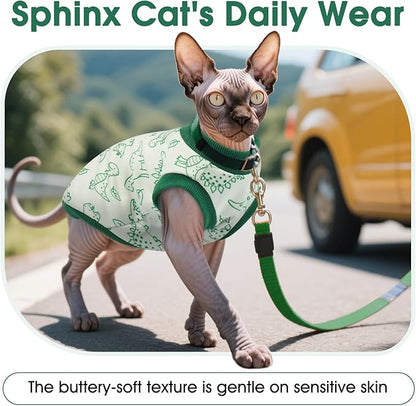 DENTRUN Sleeveless Cat Vest with Dinosaur Print, Breathable Ultra-Soft Dralon Fleece Cat Sweater, All-Season Pet Costume Apparel for Cats, Kitten Clothing for Indoor/Outdoor, Green, L