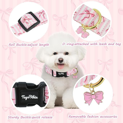 Dog Collar with Bows Patterns, Spring Summer Collection Pink Dog Collar with Exquisite Pendant, Durable Adjustable Collars for Gifts & Daily Use-XS