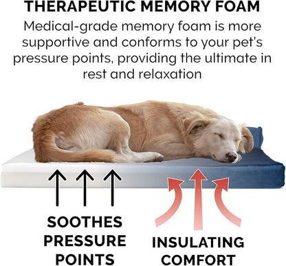Furhaven Memory Foam Dog Bed for Large Dogs w/ Removable Bolsters & Washable Cover, For Dogs Up to 95 lbs - Plush & Velvet L Shaped Chaise - Deep Sapphire, Jumbo/XL