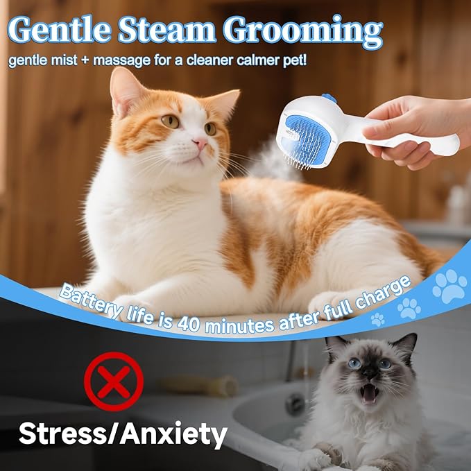 Pet Steam Brush for Dog & Cat - 3-in-1 Steam Grooming Brush for Shedding & Hair Removal - Self Cleaning Spray Comb with Mist for Long Haired Pets, Blue(waterless shampoo not include)