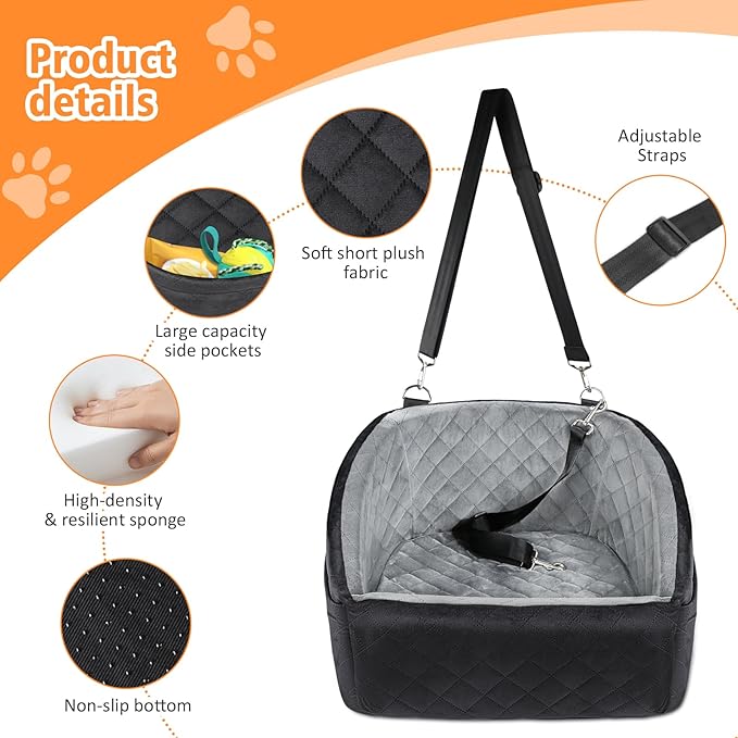 NEEZUKAR Dog Car Seat for Small Dogs,Detachable Washable Dog Booster Seat Under 30lbs, Pet Car Seat Travel Bed with Storage Pockets and Dog Safety Belt (Black/Grey)