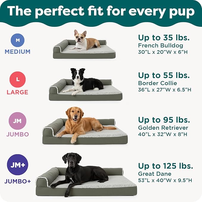 Furhaven Orthopedic Dog Bed for Large Dogs w/ Removable Bolsters & Washable Cover, For Dogs Up to 95 lbs - Plush & Suede Sofa - Gray, Jumbo/XL