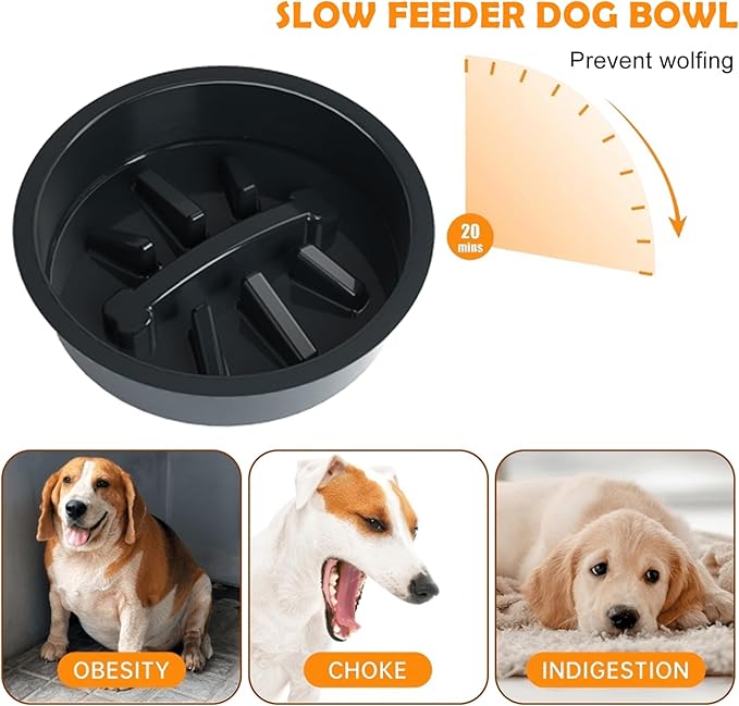 3-in-1 Slow Feeder Dog Bowl Stand, Elevated Raised Feeder with 1 Slow Feed & 2 Stainless Steel Bowls, Iron Stand, Custom Name Plate & Mat - Easy Clean for Fast Eaters, Multiple Dogs