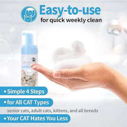 Mooncat Waterless Cat Shampoo and Brush Kit - No Rinse Foam Bath for Long Hair Cats - Grooming for Sensitive Skin, Detangling, Paraben-Free, pH Balanced - Licking Safe (5 oz)