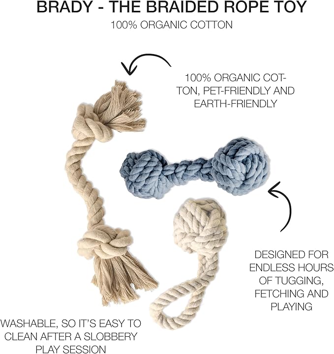 Brady The Rope Tug Toy 3-Pack Organic Cotton Dog Rope Pull Toys for All Pet Breeds, Sandy Chic, One Size