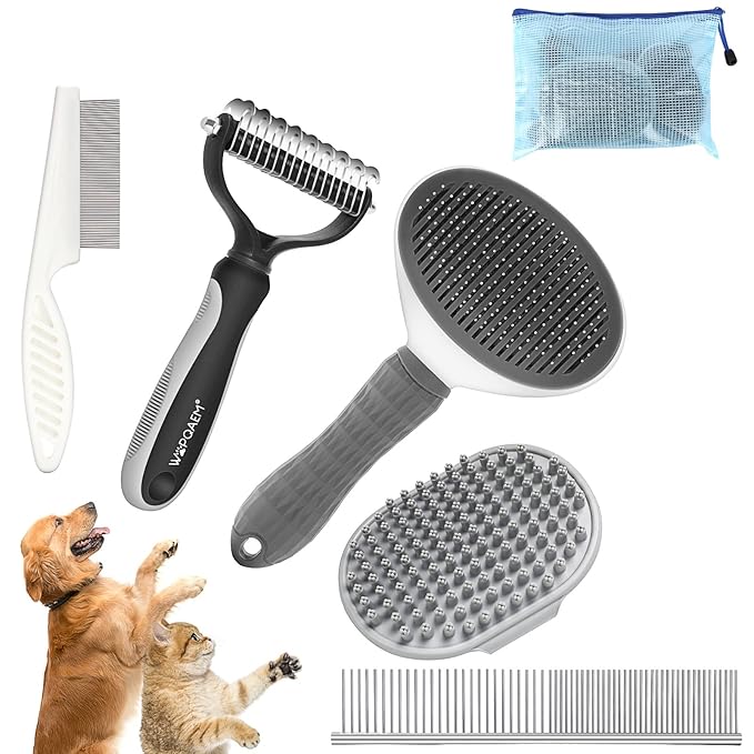 WOPQAEM Dog Brush Grooming Kit 5 PCS - Self Cleaning Slicker Brush for Shedding Short Long Haired Dogs & Cats, Includes Pet Comb, Flea Comb, Bath Brush, Undercoat Rake - Complete Fur Care Set - Gray