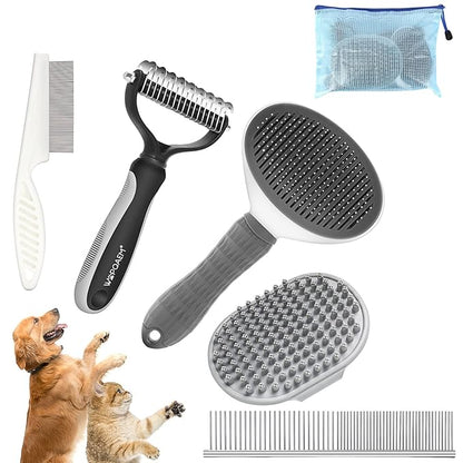 WOPQAEM Dog Brush Grooming Kit 5 PCS - Self Cleaning Slicker Brush for Shedding Short Long Haired Dogs & Cats, Includes Pet Comb, Flea Comb, Bath Brush, Undercoat Rake - Complete Fur Care Set - Gray