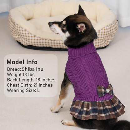 KYEESE Dog Sweater Soft Turtleneck Pet Sweater Dress Warm Pullover Pet Coats Stretchy Dogs Clothes with Bowtie Comfy Knitwear Dog Sweaters for Small Dogs Girl, Purple, X-Large