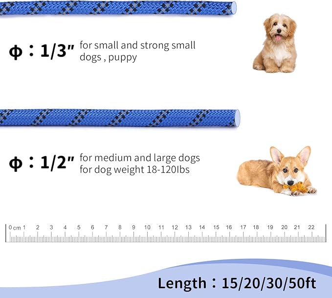 Long Dog Leash for Training 20Ft-Reflective Nylon Rope with Swivel Hook-Recall Agility Lead for Large Small Medium Dogs Outside Walking Hiking-Royal Blue