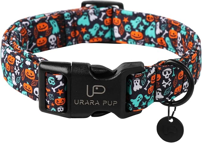 Halloween Dog Collar, UP URARA PUP Cotton Skull Ghost Dog Collar for Small Dog, Fall Pet Collar with Halloween Elements Pattern, Adjustable Puppy Collare,S,Neck 10-16in