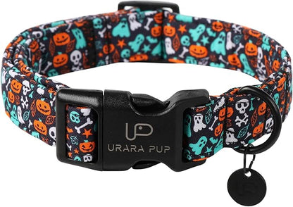 Halloween Dog Collar, UP URARA PUP Cotton Skull Ghost Dog Collar for Small Dog, Fall Pet Collar with Halloween Elements Pattern, Adjustable Puppy Collar,L,Neck 16-24in