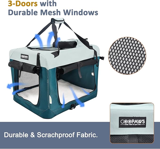 JESPET Soft Dog Crates Kennel for Pets, 3 Door Soft Sided Folding Travel Pet Carrier with Straps and Fleece Mat for Dogs, Cats (8-Teal Blue, Small(24" L x 16.5" W x 16.5" H))