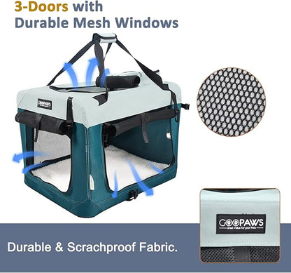 JESPET Soft Dog Crates Kennel for Pets, 3 Door Soft Sided Folding Travel Pet Carrier with Straps and Fleece Mat for Dogs, Cats (8-Teal Blue, Small(24" L x 16.5" W x 16.5" H))