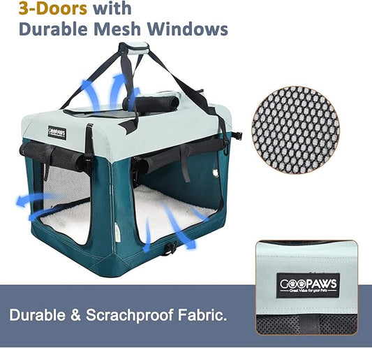 JESPET Soft Dog Crates Kennel for Pets, 3 Door Soft Sided Folding Travel Pet Carrier with Straps and Fleece Mat for Dogs, Cats (8-Teal Blue, Small(24" L x 16.5" W x 16.5" H))