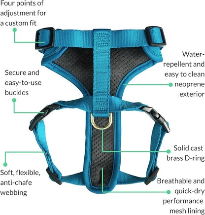 DJANGO Adventure Dog Harness - Stylish & Durable Large Dog Harness for Outdoor Adventures and Everyday Wear - Pacific Blue Neoprene Adjustable Harness for Dogs with Reflective Piping, Brass D-Ring