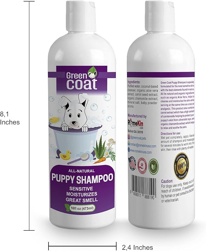 Green Coat Natural Shampoo for Puppy |Formulated for The Most Sensitive Skin | 100% Natural Ingredients | Protects Your Puppy's Skin | Made in The USA | 16fl oz 473 ml.
