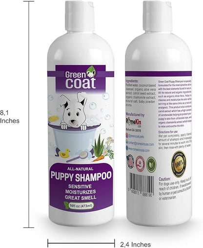 Green Coat Natural Shampoo for Puppy |Formulated for The Most Sensitive Skin | 100% Natural Ingredients | Protects Your Puppy's Skin | Made in The USA | 16fl oz 473 ml.