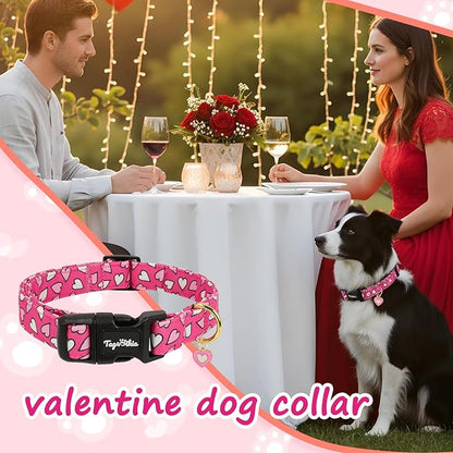 Valentines Dog Collar with Pink White Heart Pattern, Adjustable Small Dog Collar with Safety Buckle & Heart Charm, Spring Summer for Girl Boy Dogs-S