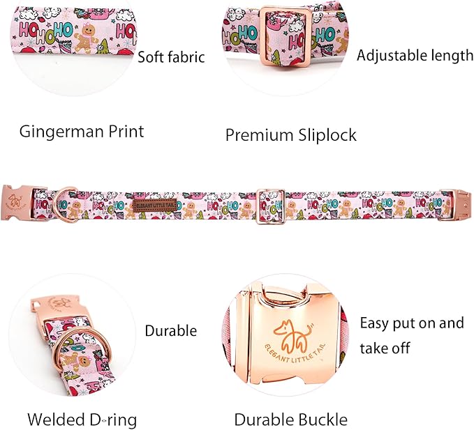 Elegant little tail Christmas Dog Collar, Pink Gingerbread Man Print Pet Collar Dog Durable Cute Dog Collars Winter Holiday Male or Female Pet Gift Adjustable Dog Collar for X-Small Puppy