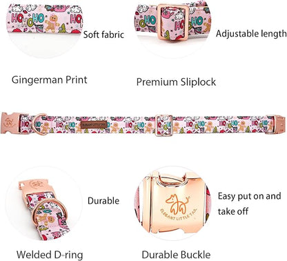 Elegant little tail Christmas Dog Collar, Pink Gingerbread Man Print Pet Collar Dog Durable Cute Dog Collars Winter Holiday Male or Female Pet Gift Adjustable Dog Collar for Medium Dogs