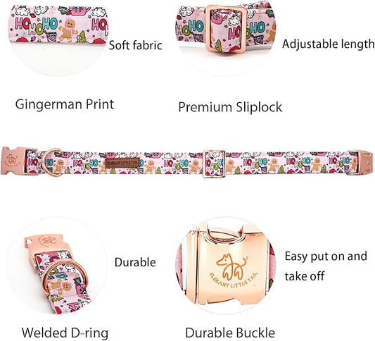 Elegant little tail Christmas Dog Collar, Pink Gingerbread Man Print Pet Collar Dog Durable Cute Dog Collars Winter Holiday Male or Female Pet Gift Adjustable Dog Collar for Medium Dogs