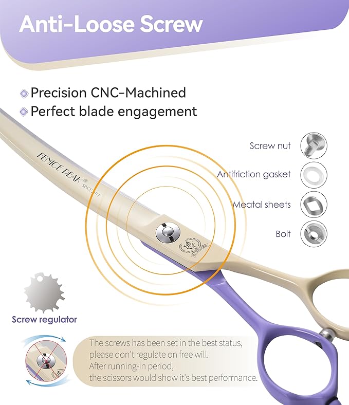 Fenice Peak Curved Dog Grooming Scissors with Coating 440C Stainless Steel, 7 inch Professional Curved Shears Dog Grooming，25 Degree of Curved Blade，Pet Shear for Trimming Face and Paw, Violet & White